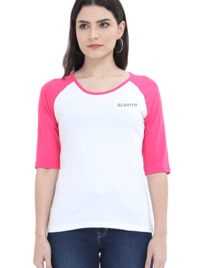 Women Raglan 3/4 sleeve Plain T-shirt - Pink White, L