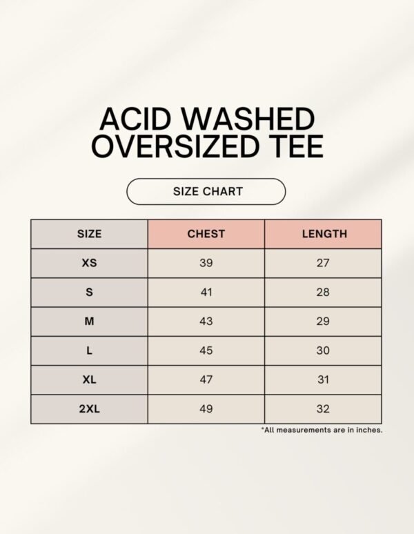 acid wash Oversize Tshirt size chart
